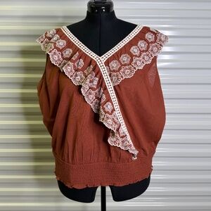 Broadway 38 Womens 2X Rust and White 100% Cotton Tie Back Blouse